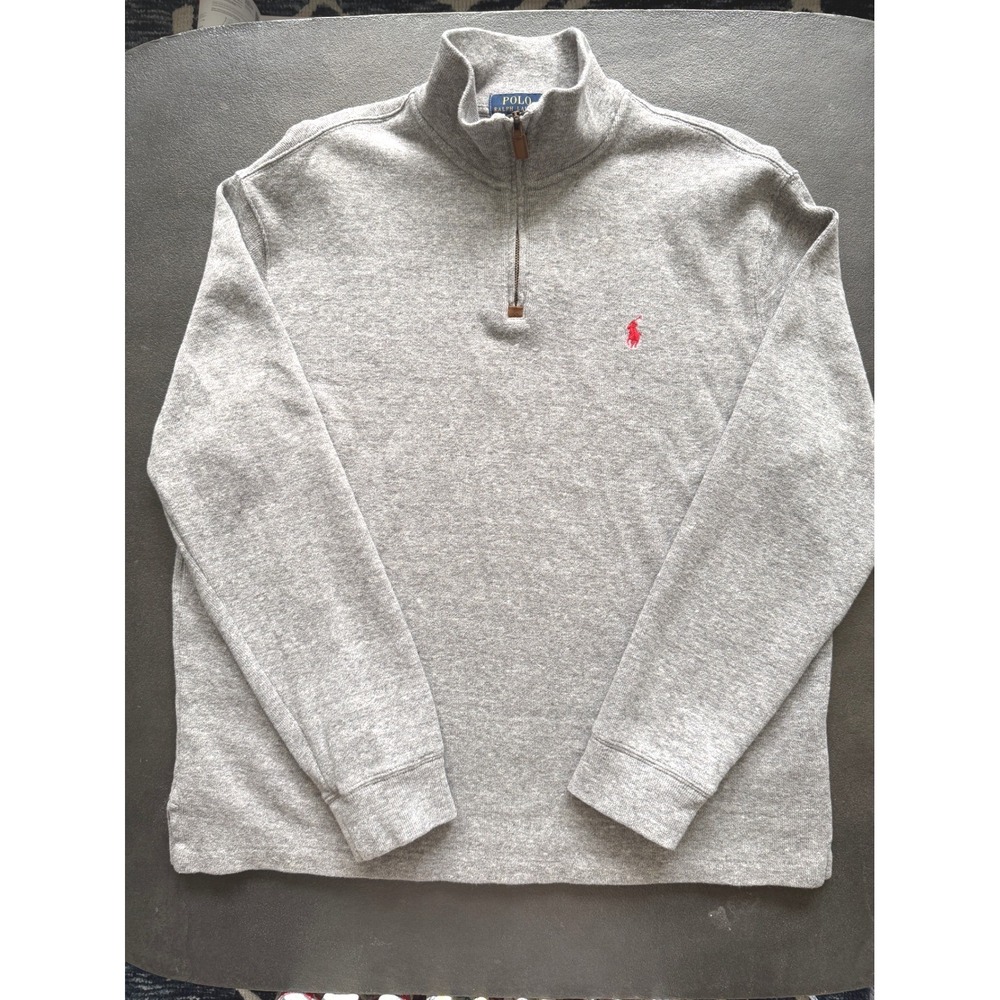 Polo Ralph Lauren Mens Large Gray Quarter Zip Cotton Pullover Sweater Red Pony